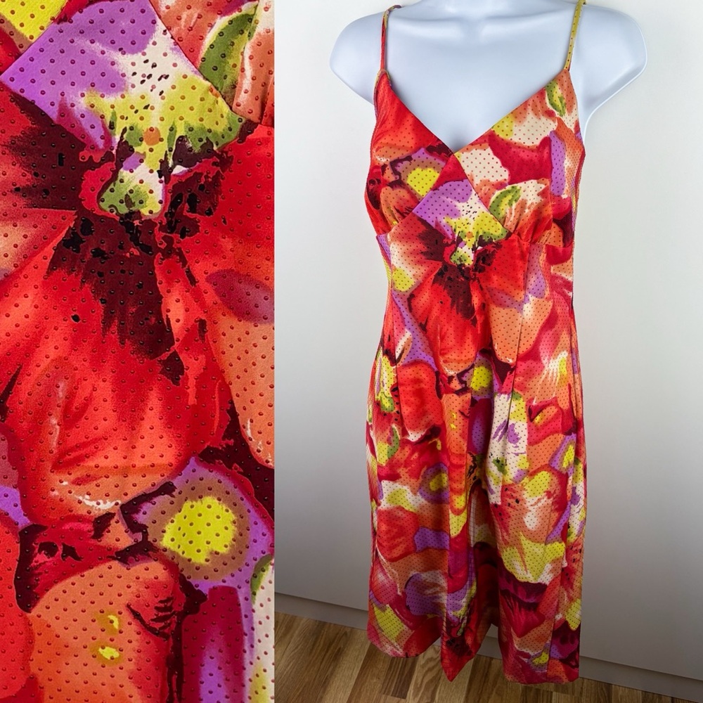 Y2K Floral Swiss Dot Textured Orange Red Pink V Neck Midi Dress Cocktail Vintage
